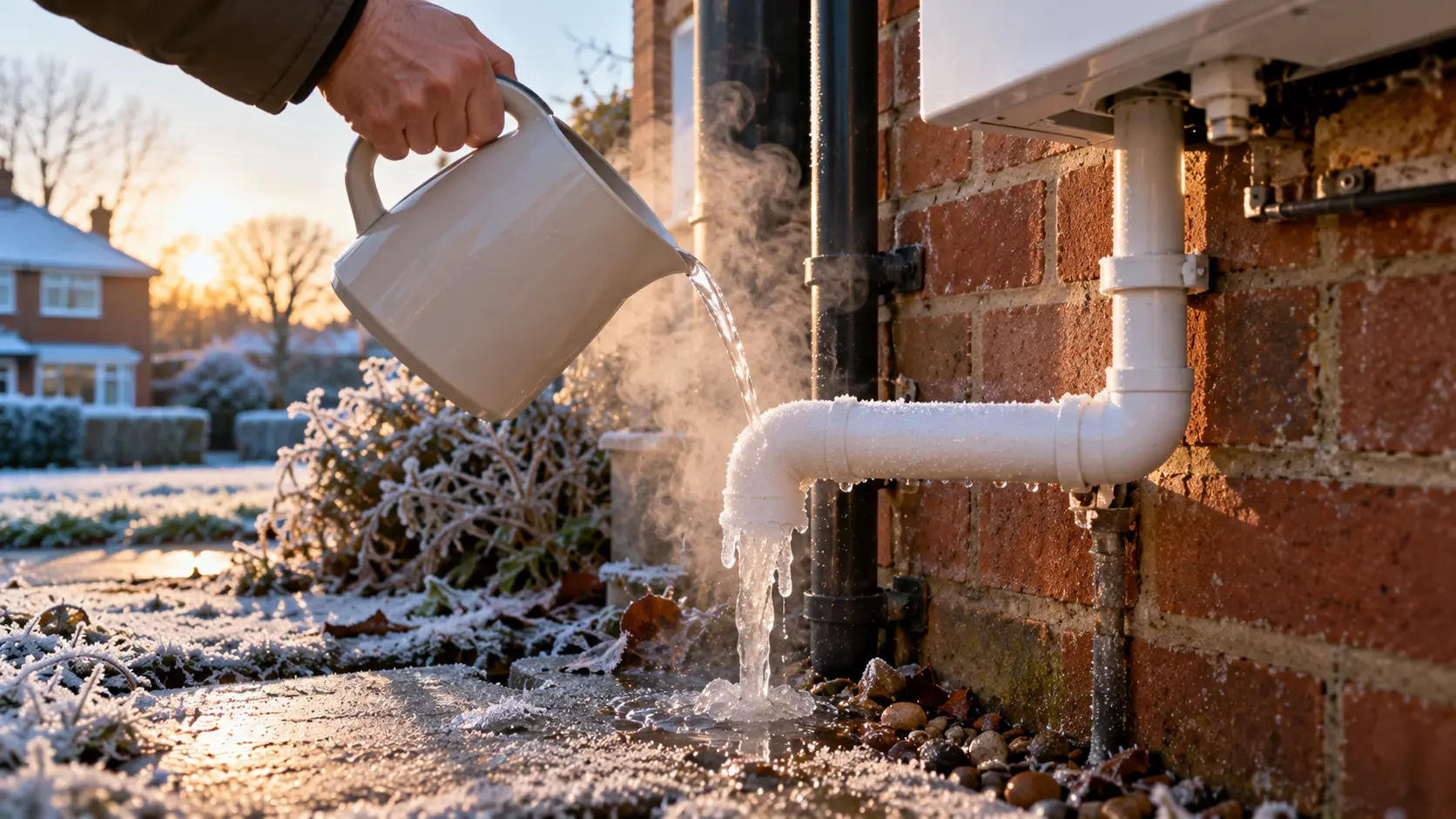 Hand pouring warm water from a jug over a frosted white plastic condensate pipe on the brick wall of a house on a frosty morning