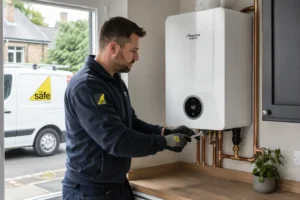 Gas Safe engineer installing a Worcester Bosch boiler during a new boiler installation in Essex